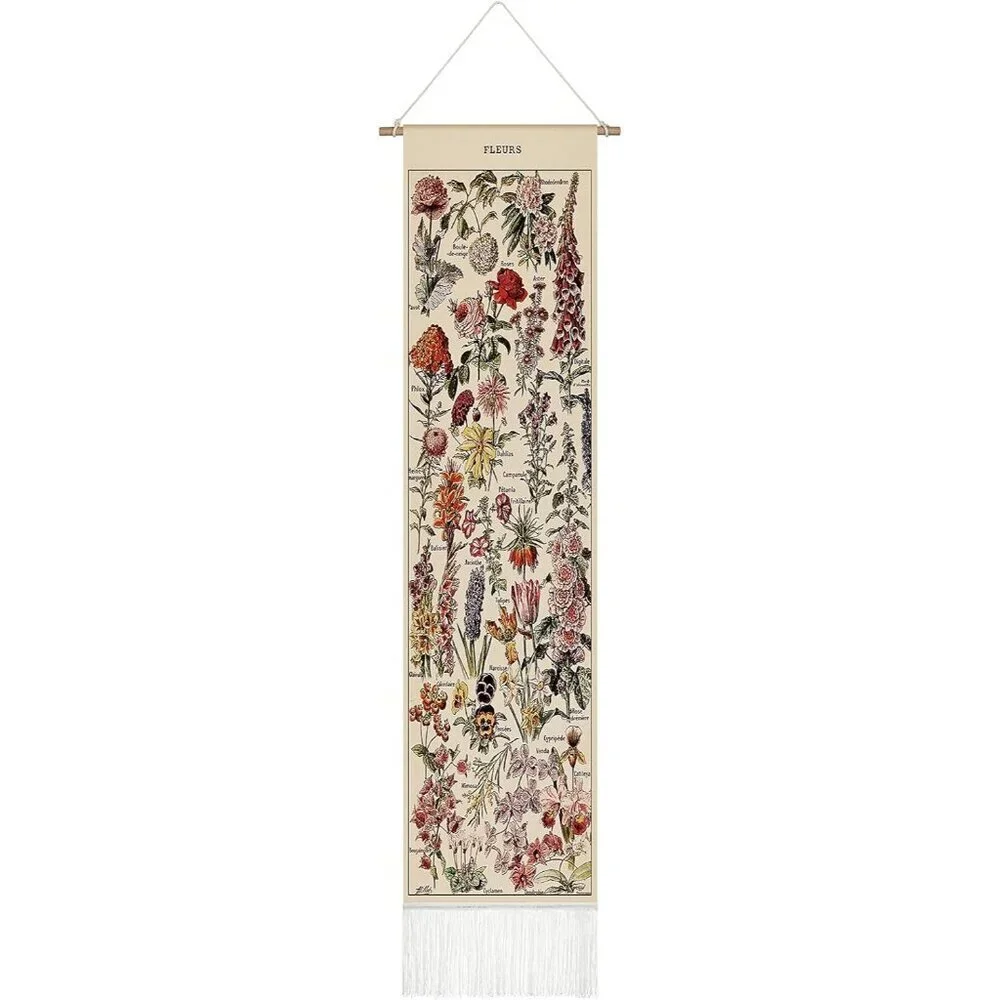 Vintage 52 X 13 Inch Long Vertical Wall Hanging Reference Botanical Tapestry